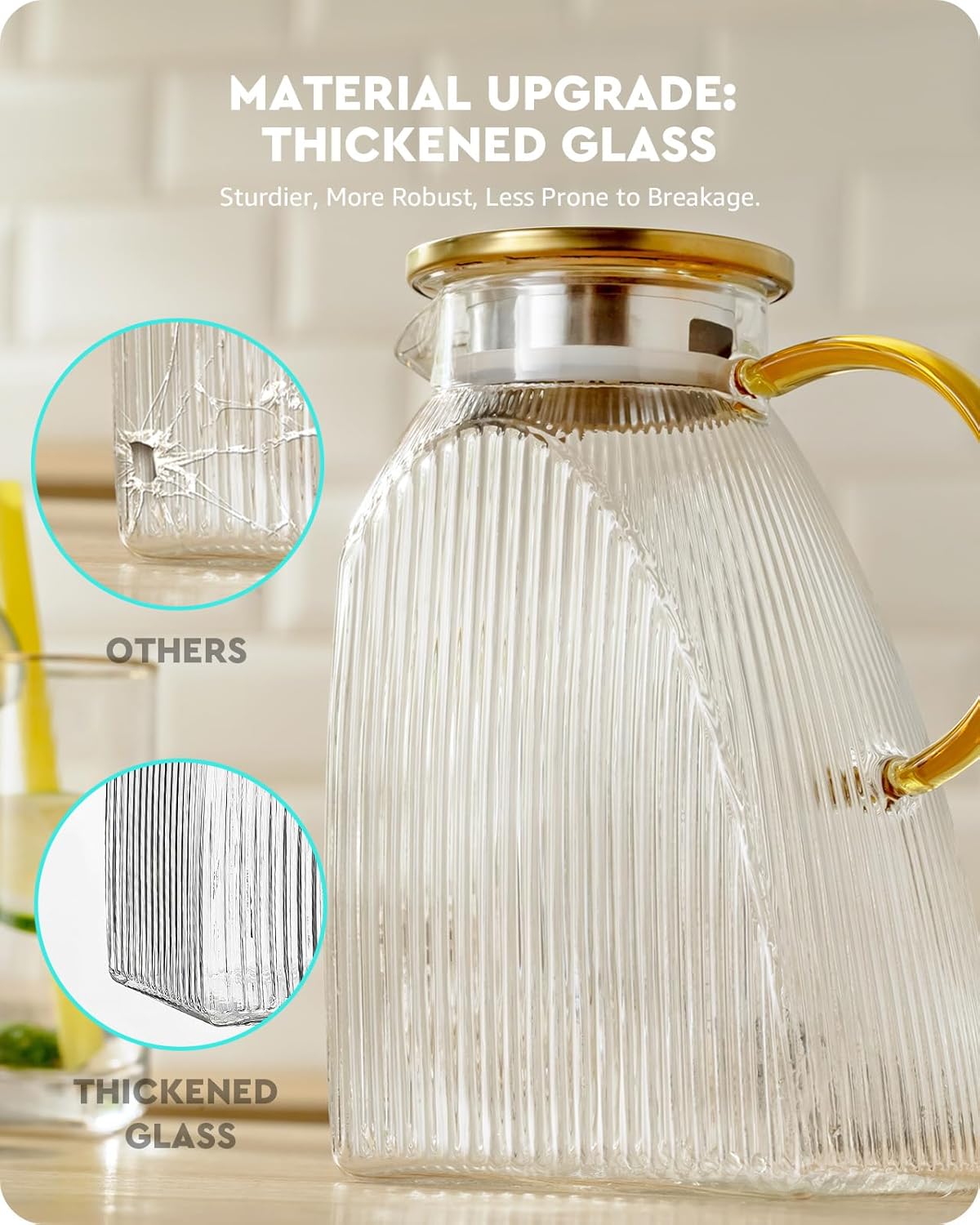 Baffect Water Pitcher, High Borosilicate Glass Jug with Stainless Steel Lid, Leakproof Fridge Door Carafe for Hot or Cold Beverage Vertical Pattern (1.8 L/63 oz.)