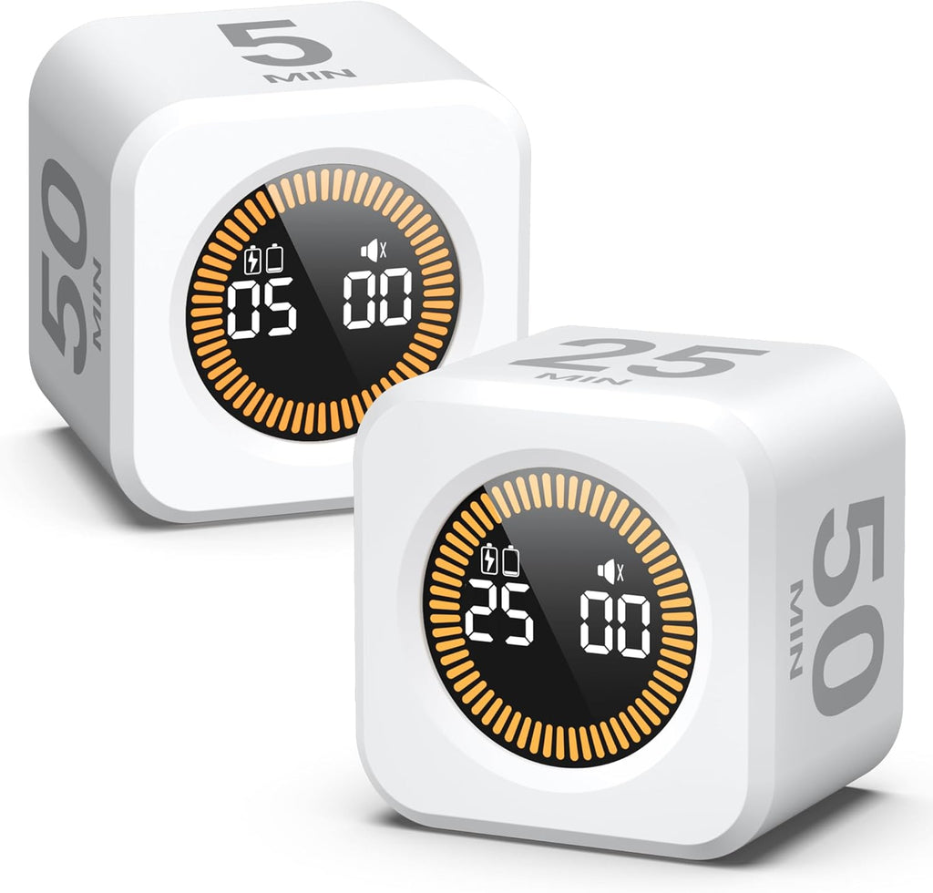 KADAMS Pomodoro Cube Timer Productivity Visual Timer - 5/10/25/50 Min Rotating Countdown, Customize Countup Silent Mode- for Work Study Cook Workout Kitchen Back to School Classroom (White, 2 Pack)