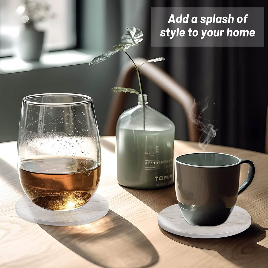 Caffox Coasters Set of 10, Absorbent Drink Coasters with Holder, Marble Style Ceramic Coaster for Wooden Table, Home Decor, 4 Inches(Griege)