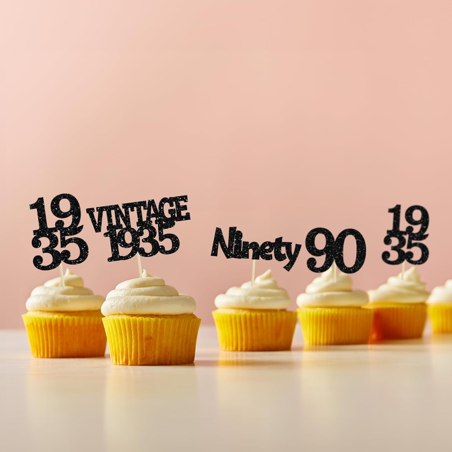 Gyufise 24Pcs Vintage 1935 Cupcake Toppers Glitter Cheers to 90 Fabulous Ninety Cupcake Picks 90th Birthday Wedding Anniversary Party Cake Decorations Supplies Black