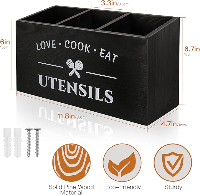 Kitchen Utensil Holder with 3 Compartments, Rustic Wooden Storage Organizer Box Vintage Cutlery Farmhouse Flatware Utensil Caddy Countertop for Silverware Fork Spoon Spatula