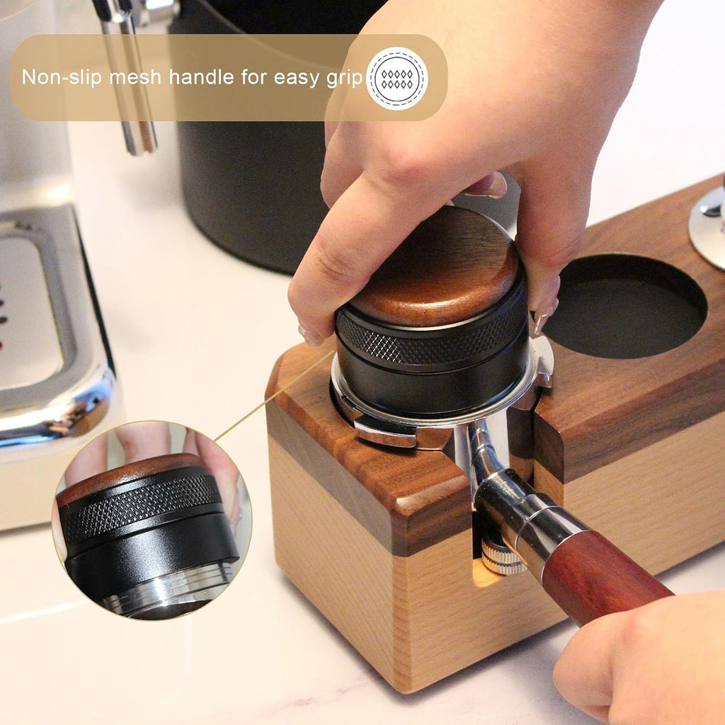 Espresso Distributor Stainless Steel Coffee Distribution Tool,Adjustable Depth Espresso Distributor Leveler with Walnut Wood,3 Angled Slopes Adjustable Palm Espresso Distributor Tool