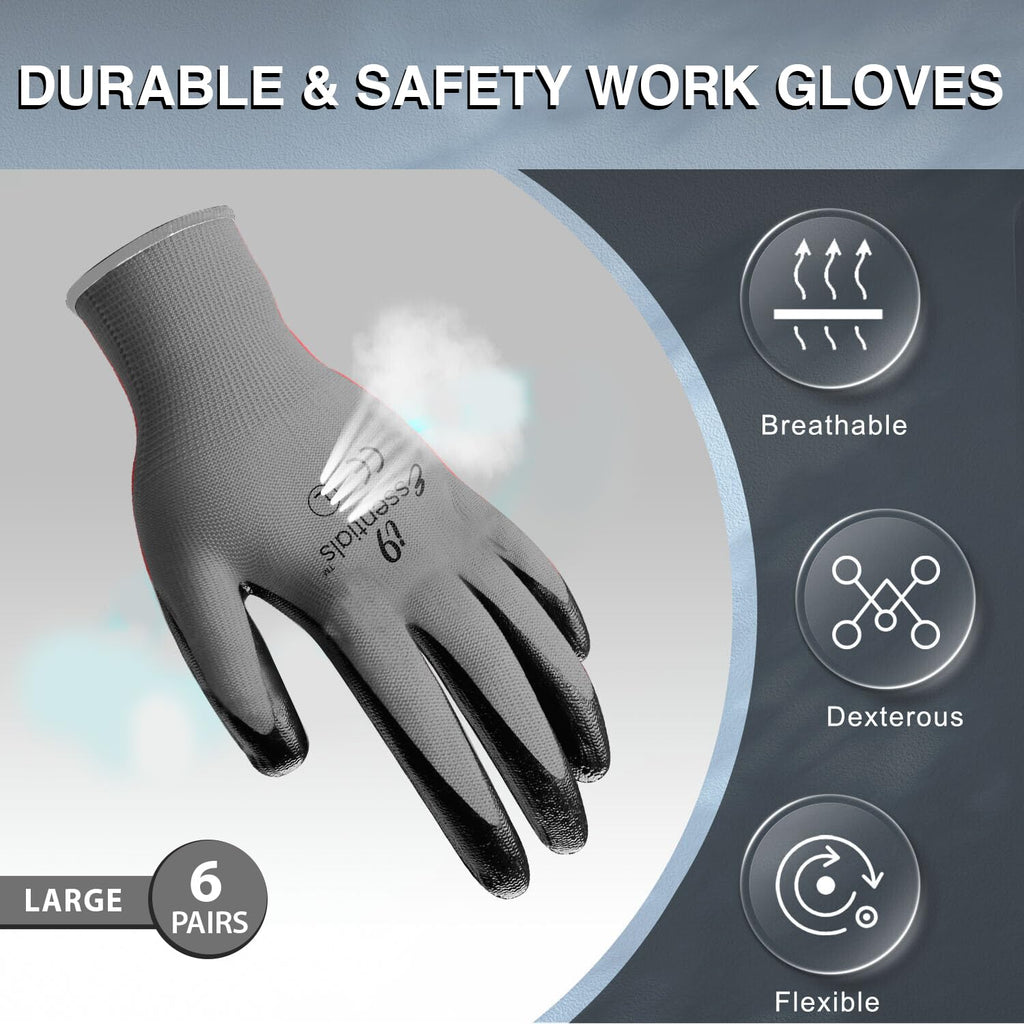 I9 Essentials Seamless Nitrile Coated Work Gloves, Large 6 Pairs, Black & Grey – Washable Grip for Construction, Gardening, Woodworking