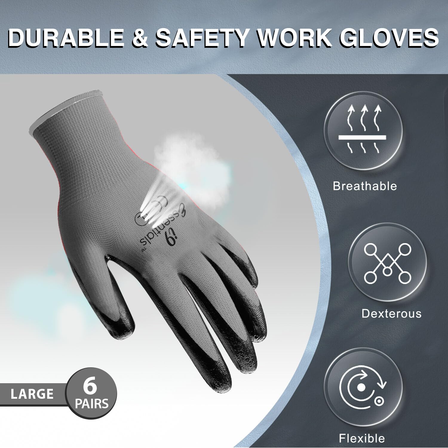 I9 Essentials Seamless Nitrile Coated Work Gloves, Large 6 Pairs, Black & Grey – Washable Grip for Construction, Gardening, Woodworking