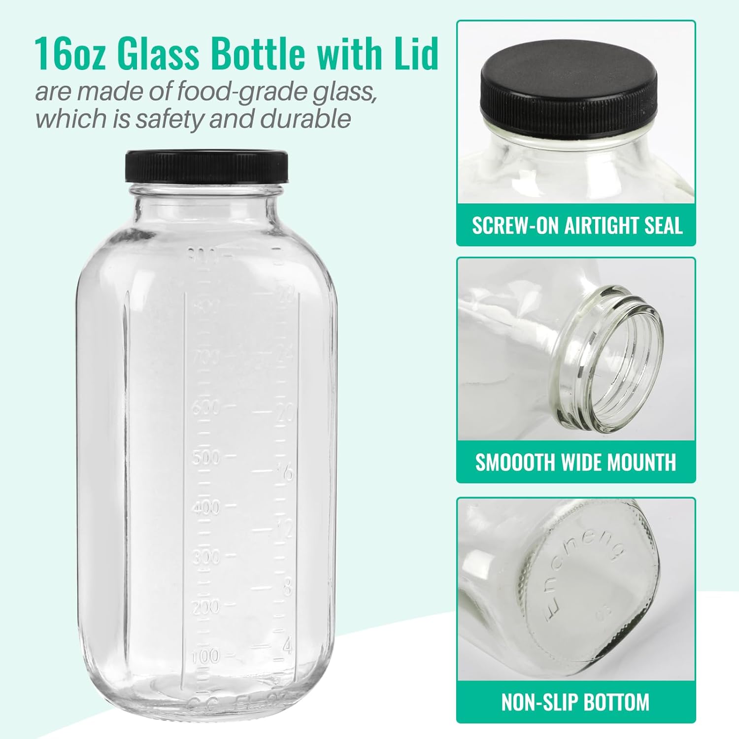 32 oz Glass Juice Bottles with Lids 2 Pack,Reusable Glass Drink Bottles,1000ml Water Drinking Jars for Milk,Juicing,Kombucha,Ginger,Beverage Glassware,Juice Drinking Jars