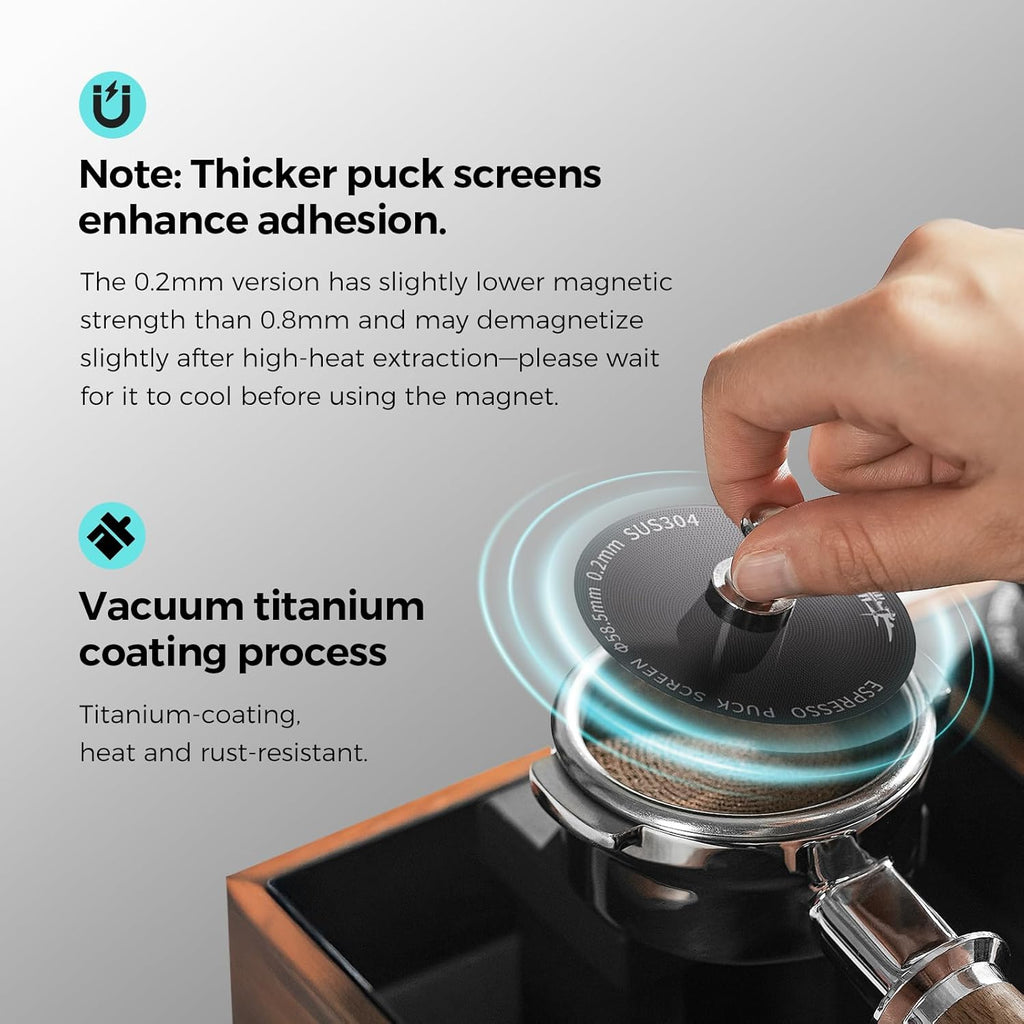 MHW-3BOMBER 58mm Espresso Puck Screen - 0.2mm Ultra Thin Espresso Puck with Round Hole - Metal Reusable Coffee Filter for Portafilter Basket 58mm - Puck Screen with Stand 3 Pack FG7054-OS