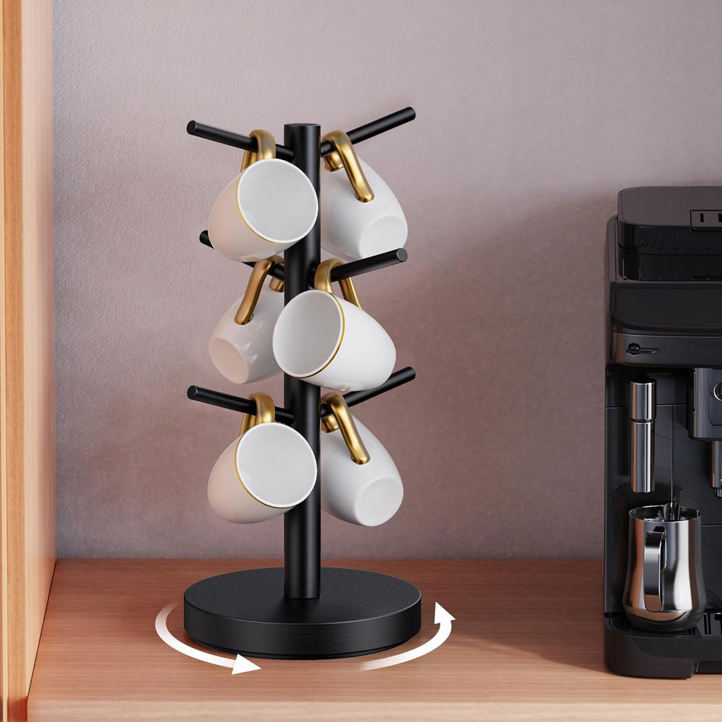 Coffee Mug Holder Tree, Upgraded 360° Rotated Cup Holder for Counter, Wood Mug Rack with 6 Hooks, Coffee Mug Organizer Station, Mug Stand Bar Accessories, Black