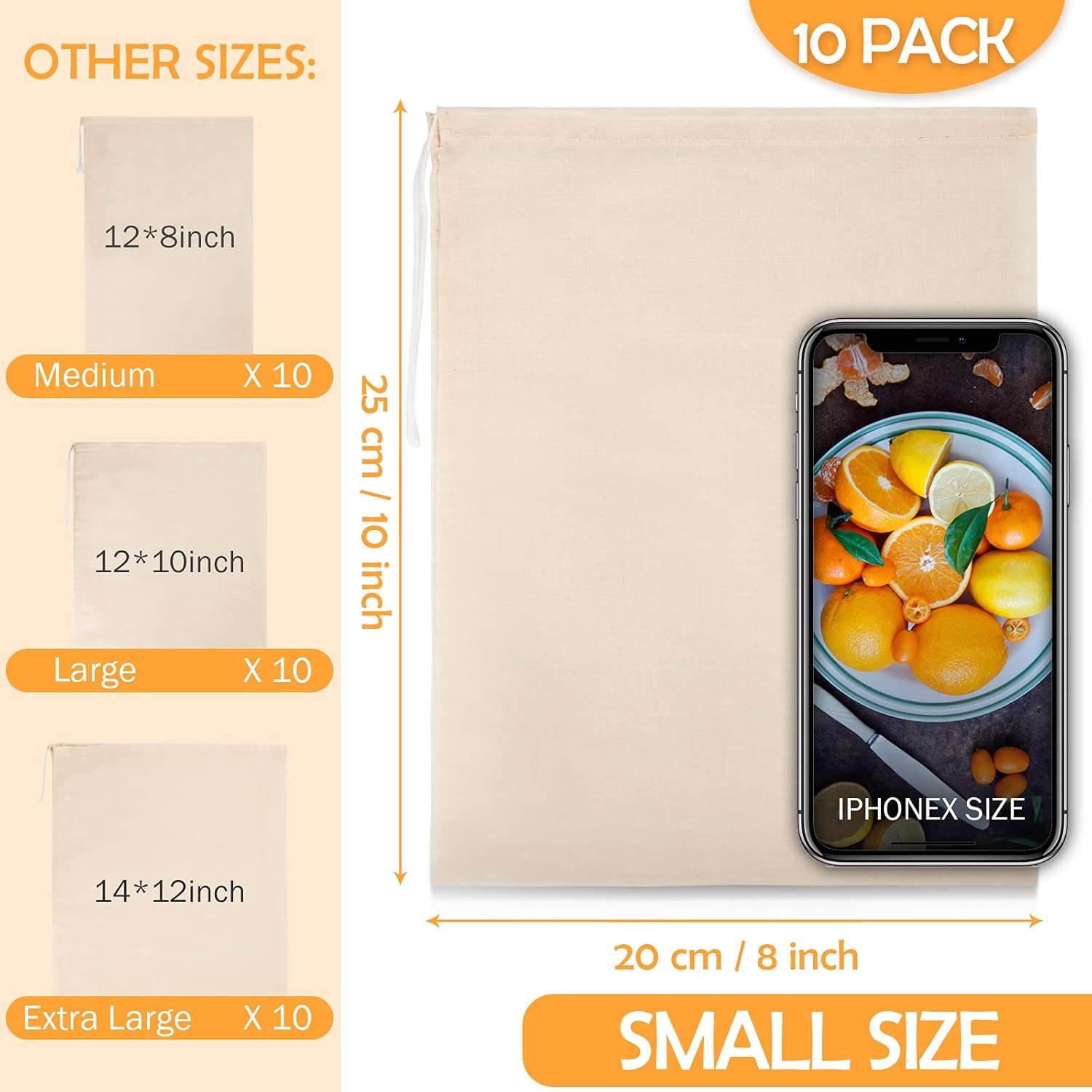 10 Pack Nut Milk Bag, 8‘’ x 10‘’Fine Mesh Grade Reusable Cheesecloth Bags Strainers, Unbleached Organic Cotton Filter Bags for Almond Milk, Juices, ColdBrew, Cheese, Tea, Yogurt, Coffee