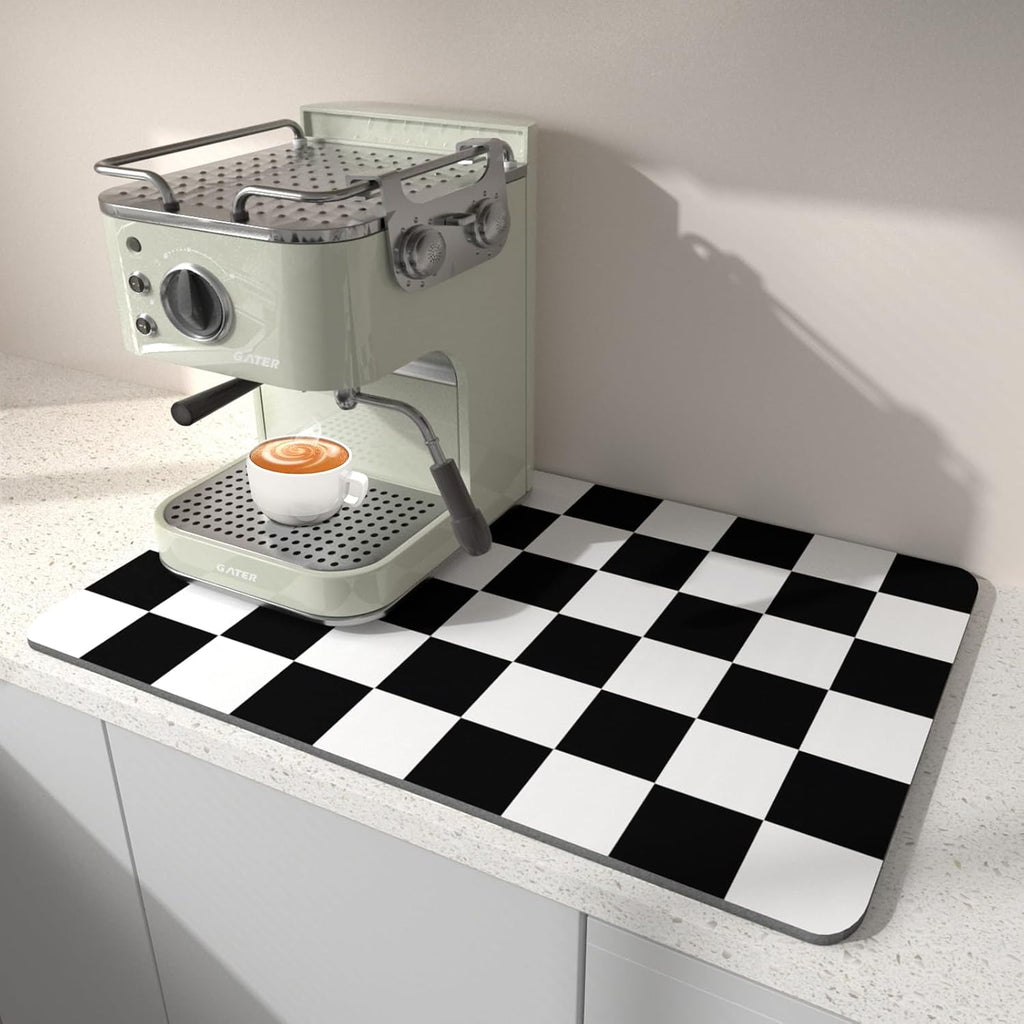 BLESWIN Dish Drying Mat for Kitchen, 15.7’’ X 17.7’’ Coffee Bar Mats for Countertop Fit Under Coffee Maker, Hide Stain Rubber Backed Espresso Machine Absorbent Drying Pad, Black & White