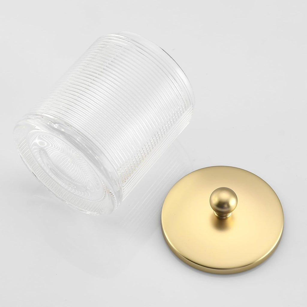 Glass Cotton Jar Holder Matte Gold Lid, Elegant Bathroom Storage Canister for Qtips, Cotton Balls, Floss, Makeup Organizer, Vanity Bathroom Organization