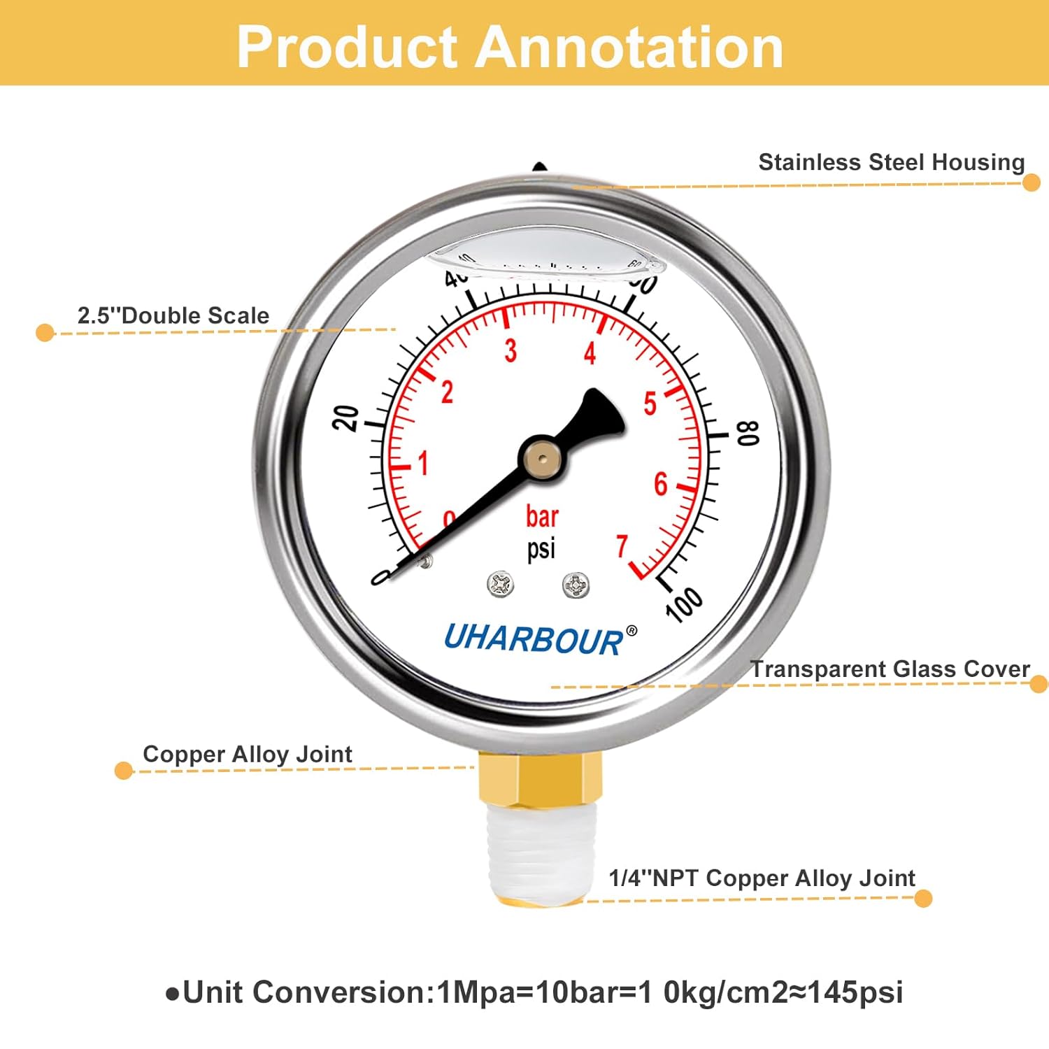 Glycerin Filled Pressure Gauge 1/4 NPT 100psi/7bar, Stainless Steel Case, Brass Inside Construction, 2-1/2" dial, 1/4" NPT Lower Connection with Pre-Wrapped Teflon Tape