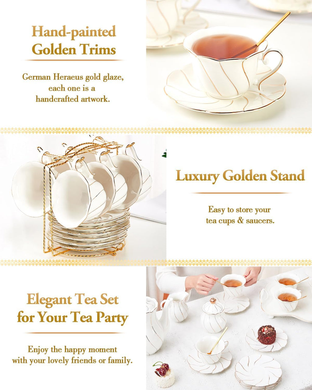 DUJUST 22 pcs White Porcelain Tea Set for 6, Luxury British Style Tea/Coffee Cup Set with Golden Trim, Beautiful Tea Set for Women, Tea Party Set, Gift Package (With a Stand)
