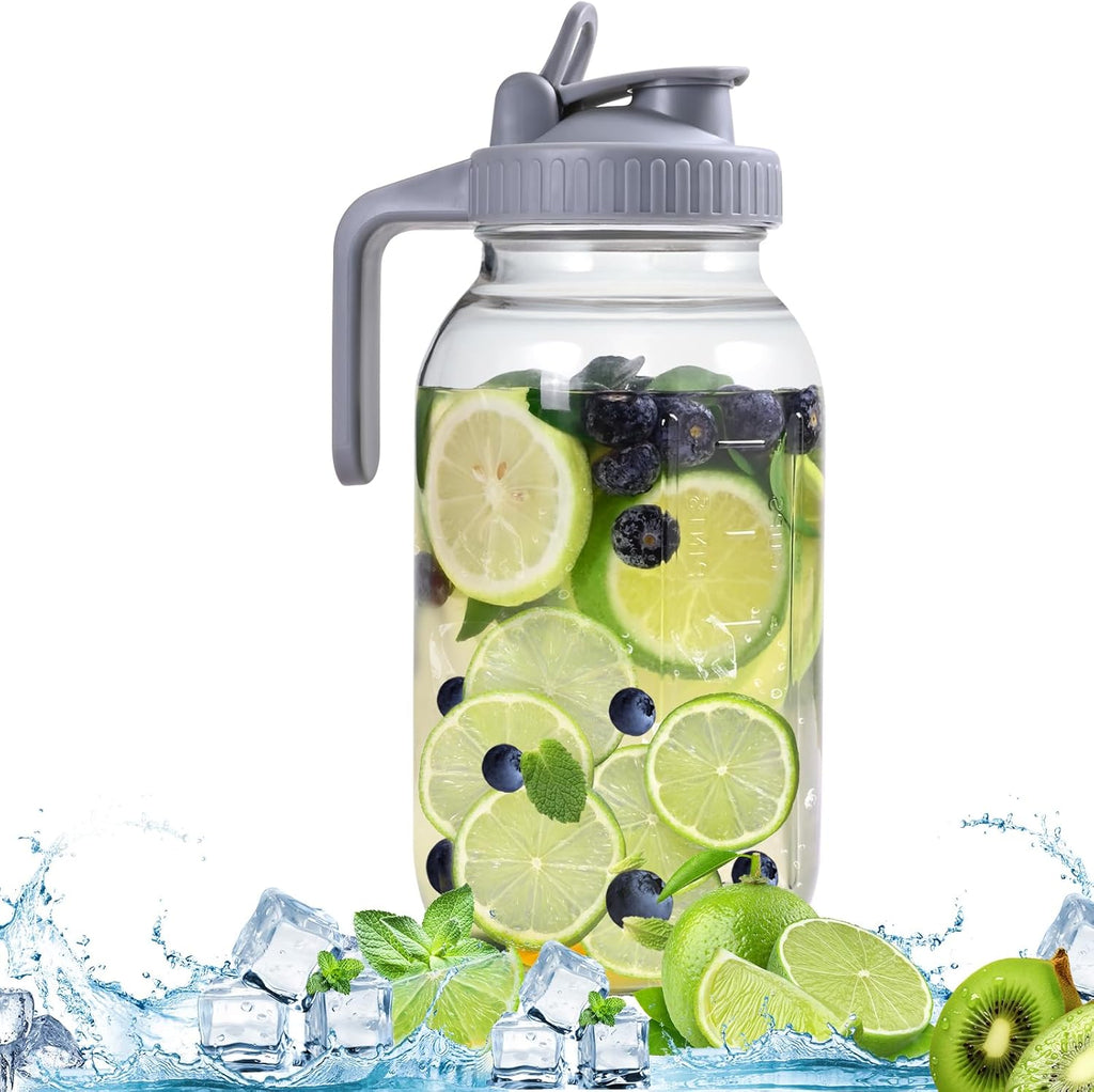 64OZ Glass Pitchers with Lid, Wide Mouth Water Jugs, Leak-Proof Airtight Mason Jars for Cold Brew Coffee, Iced tea, Milk, Food Storage, Sun Tea Jar (Grey)
