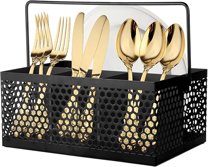 Utensil Caddy With Handle - Silverware and Napkin Holder for Party, Picnic, Countertop, Camping - Metal Cutlery Organizer in Black