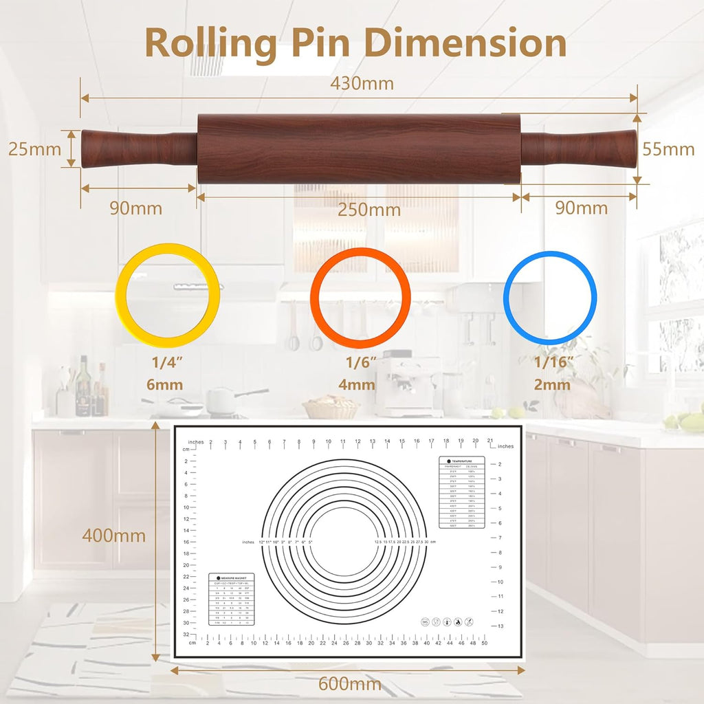 Classic Wooden Rolling Pin with Handle and Pastry Mat for Fondant, Pizza, Pies, Cookies,Rolling Pin for Baking with 3 Multi-Color Thickness Rings,17" x 2.5" (Include handle)