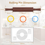 Classic Wooden Rolling Pin with Handle and Pastry Mat for Fondant, Pizza, Pies, Cookies,Rolling Pin for Baking with 3 Multi-Color Thickness Rings,17" x 2.5" (Include handle)