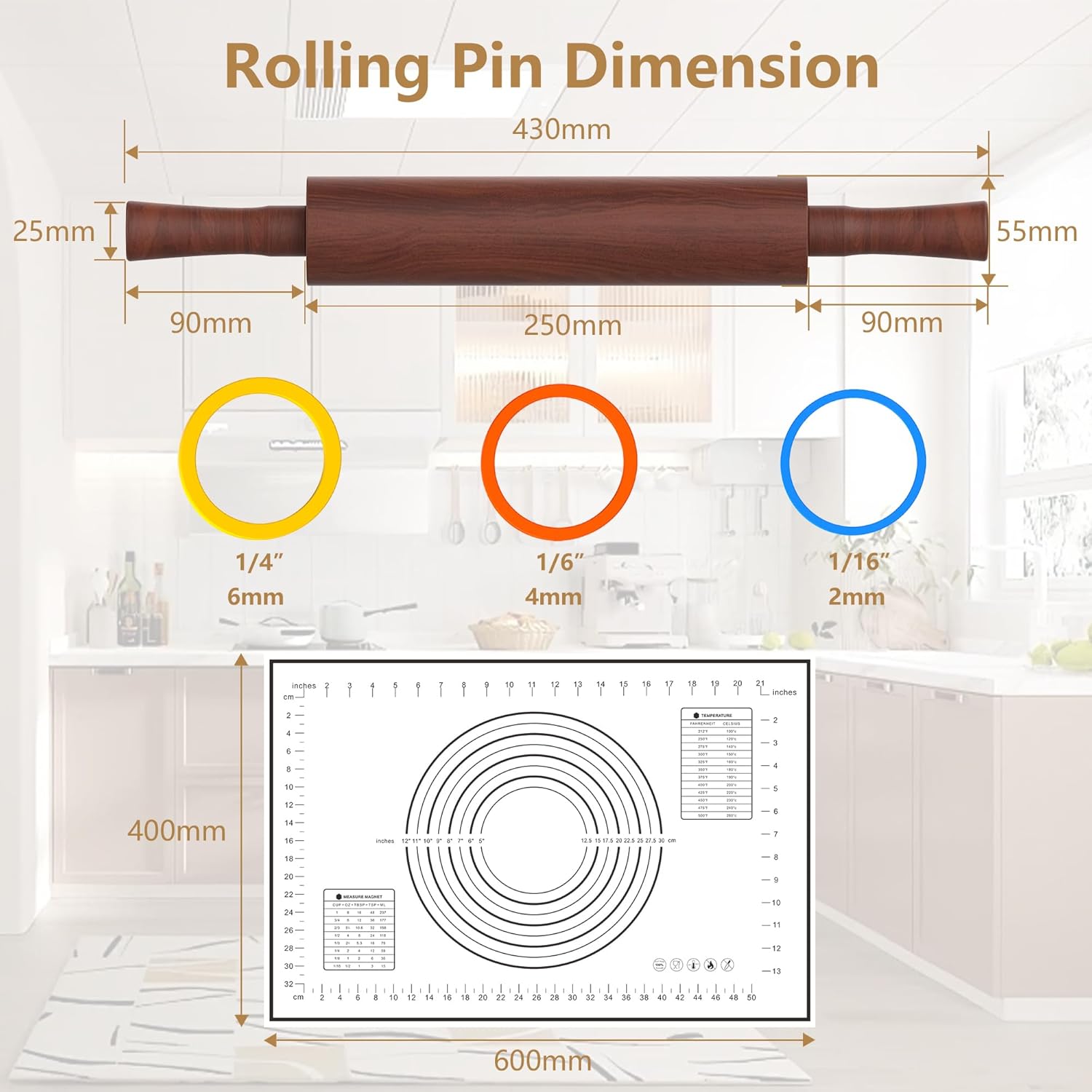 Classic Wooden Rolling Pin with Handle and Pastry Mat for Fondant, Pizza, Pies, Cookies,Rolling Pin for Baking with 3 Multi-Color Thickness Rings,17" x 2.5" (Include handle)