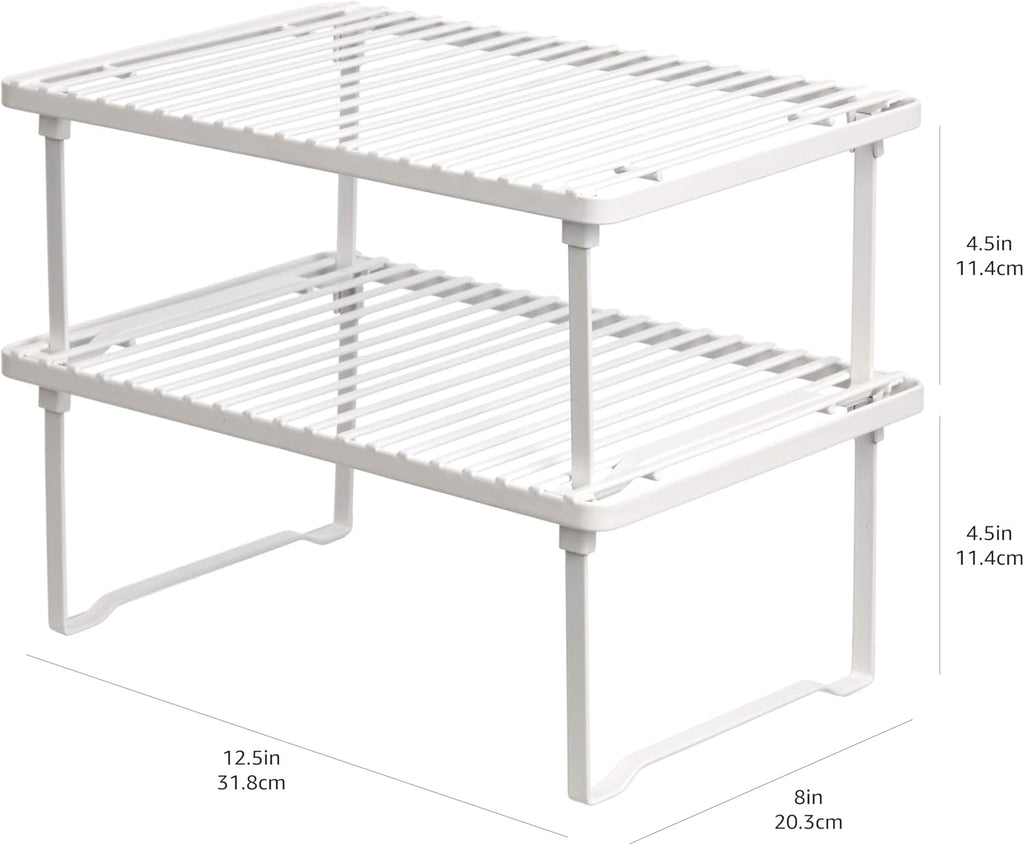 Amazon Basics Stackable Metal Kitchen Storage Shelves for Dishes, 12.5" L x 8" D x 4.5" H, Set of 2, White