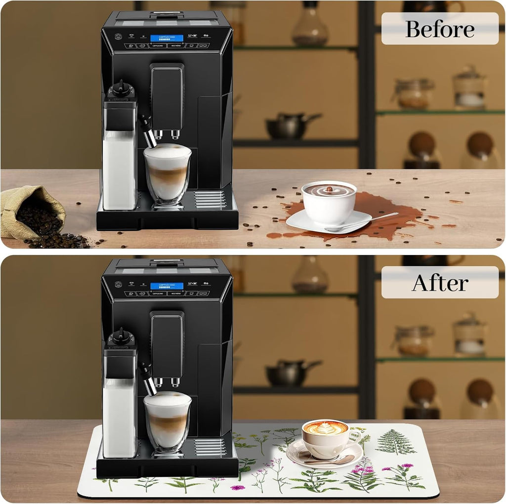 Bloss Dish Drying Mat, Multiple Usage Coffee Bar Mat, Kitchen Counter Mat, Absorbent Hide Stain Rubber Backed Dish Drying Pad(16.1"x24.1", 2-Row Flower)