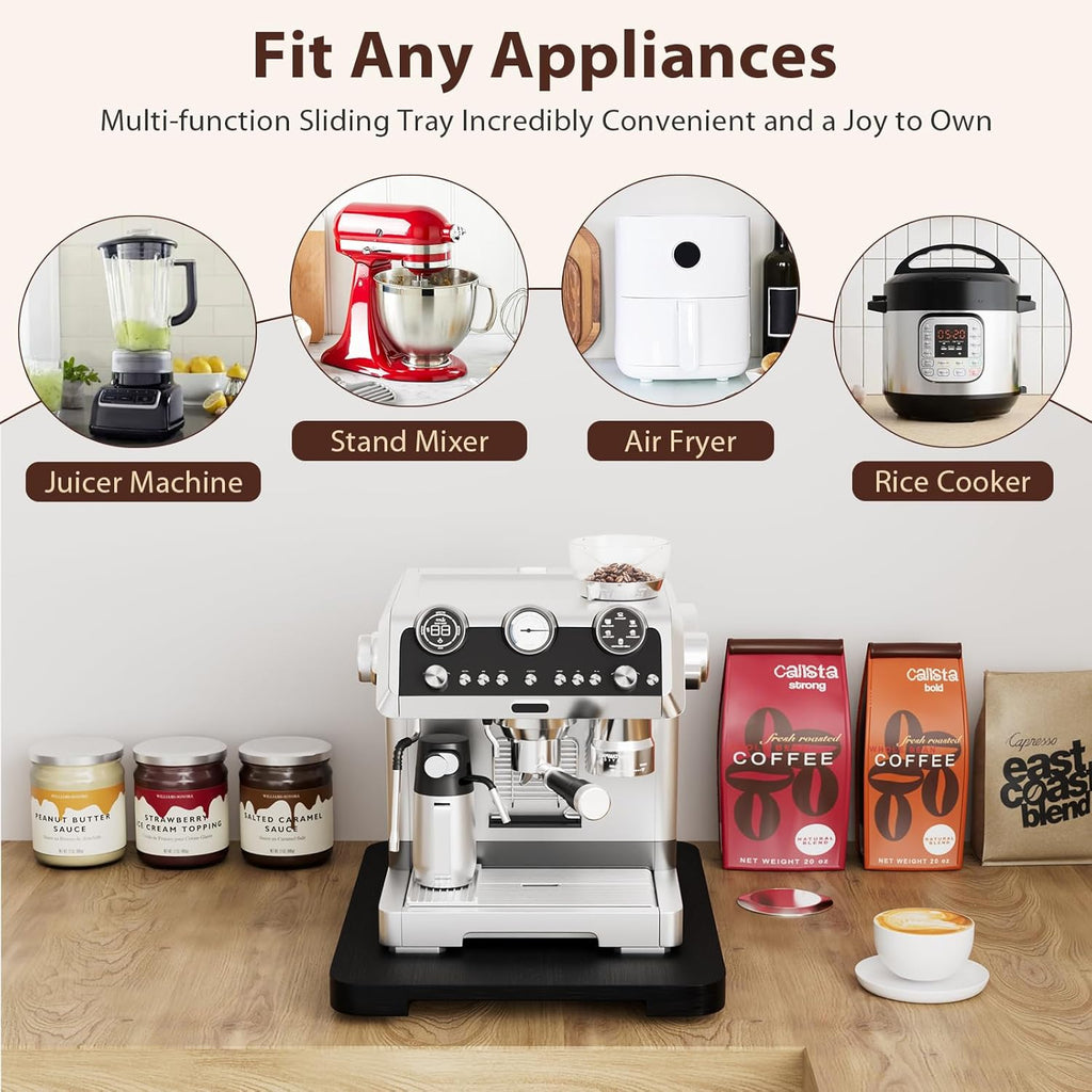 GuanQiao 360° Rotation Appliance Slider for Coffee Maker & Heavy Kitchen Appliance, Bamboo Rolling Tray for Kitchen Counter, Sliding Tray with Premium Wheels (Black, 15.7"×13")