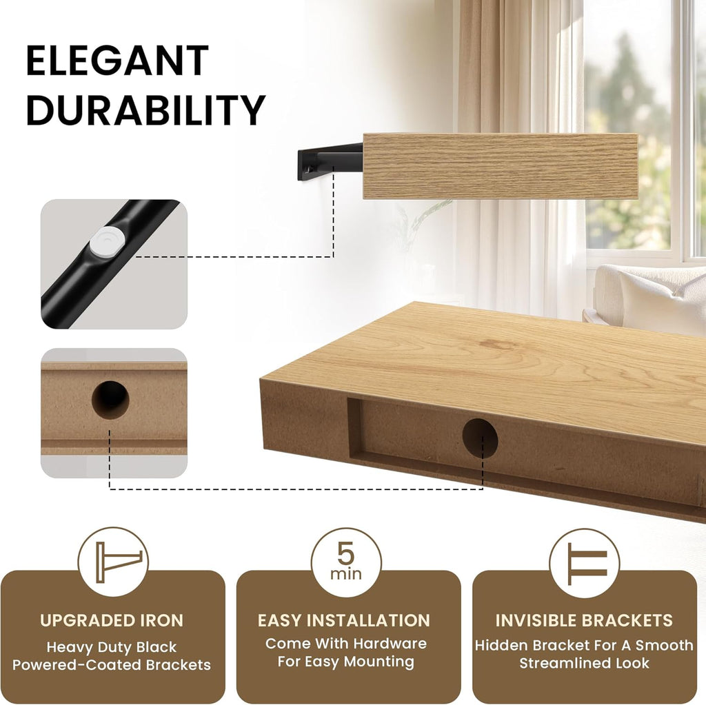 Floating Shelves for Wall, 31.5" W x 6.7" D x 1.5" H, Wooden Wall Mounted Display Shelves with Invisible Brackets for Living Room, Bedroom, Bathroom, Kitchen Decor and Storage, Set of 2, Oak