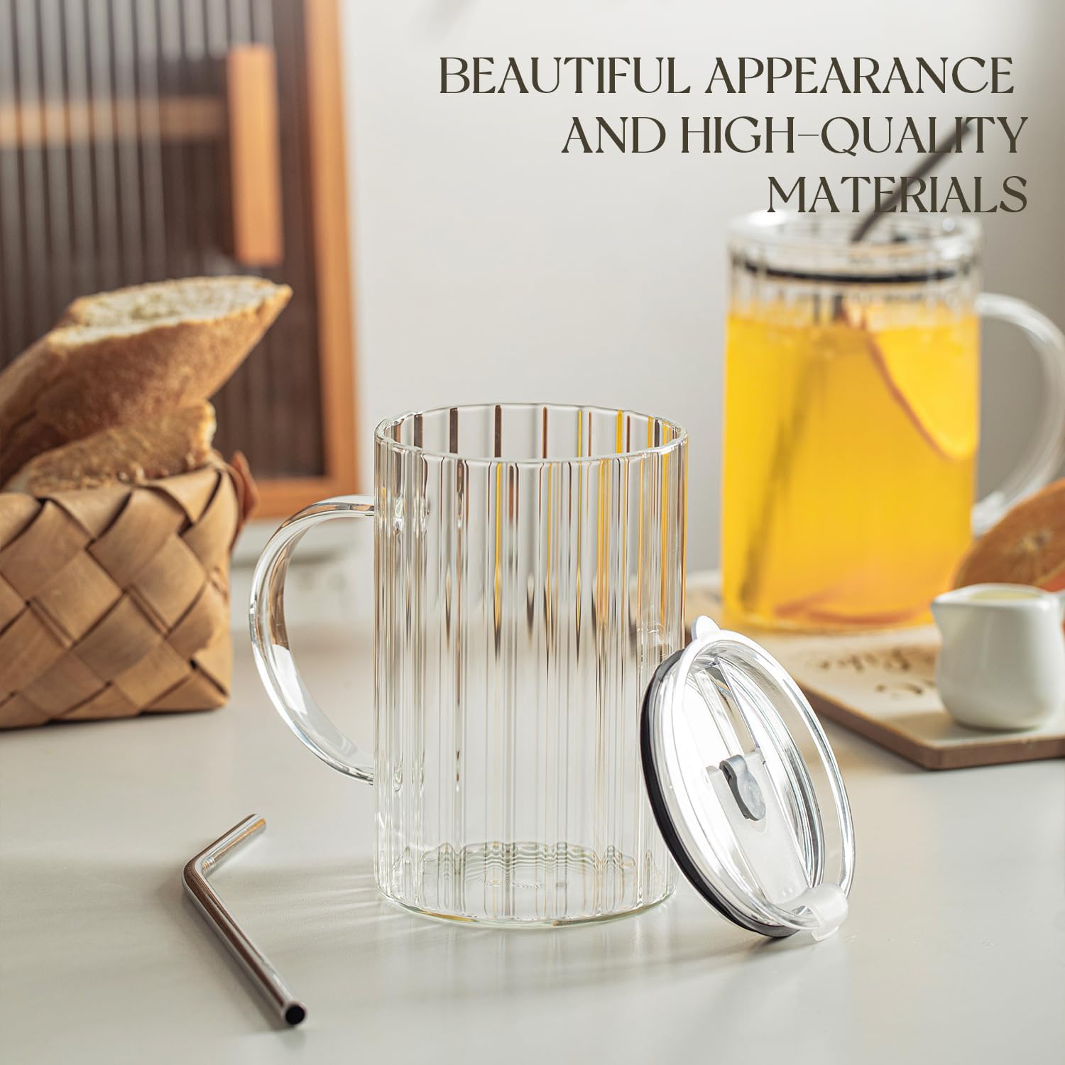 KEMORELA Large Ribbed Glass Tumbler with Handle & Lid, 2‑Pack 1000 ml / 34 oz Glass Cups with Reusable Straw – Thickened Ribbed Glass Mug for Iced Coffee, Juice, Smoothie & Cold Drinks