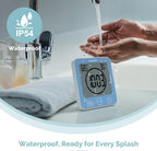 KADAMS Shower Clock Waterproof Bathroom Timer – Digital Wall Clock with Countdown, Magnetic Kitchen Clock with Temperature & Humidity, Suction Cup for Kids Shower Spa Sauna Cook Bath, Blue