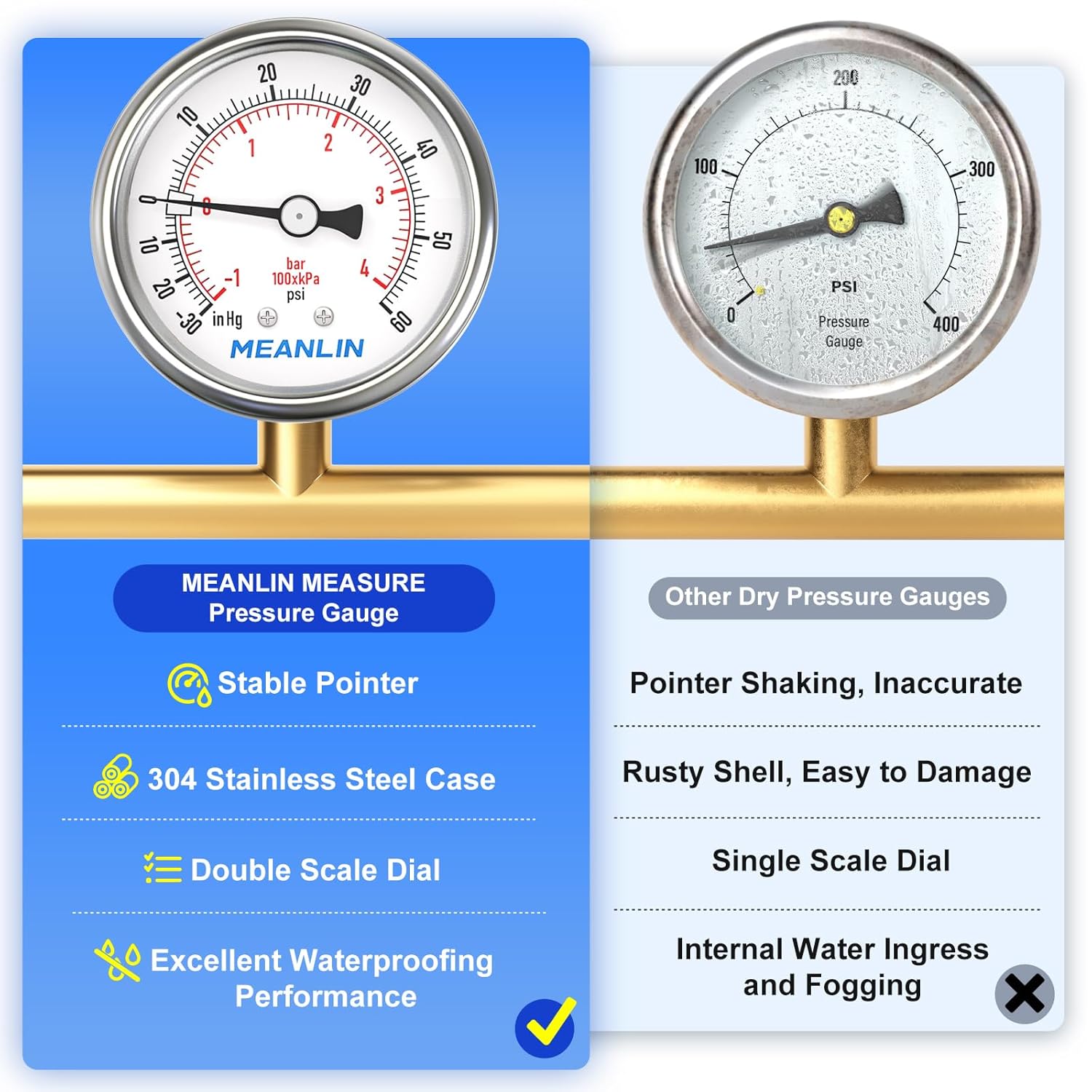 MEANLIN MEASURE -30inHG~60Psi Vacuum Gauge Stainless Steel 1/4" NPT 2" FACE DIAL Waterproof for Air Compressor HVAC Negative Pressure Hand Pump Pool Back Mount with 1/2" NPT and 3/8" NPT Hex Bushing