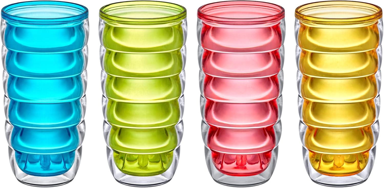 Amazing Abby - Arctic - 24-Ounce Insulated Plastic Tumblers (Set of 4), Double-Wall Plastic Drinking Glasses, Mixed-Color High-Balls, Reusable Cups, BPA-Free, Shatter-Proof, Dishwasher-Safe