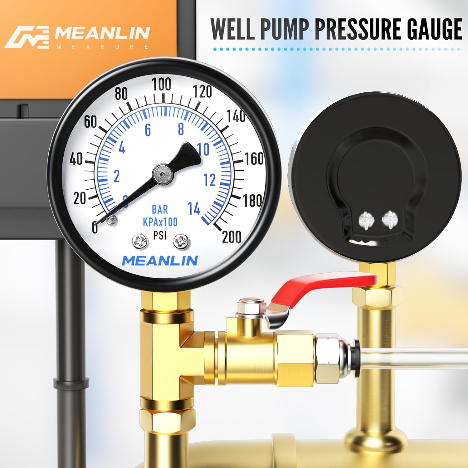 MEANLIN MEASURE 0-200Psi Well Pump Pressure Gauge 1/4" NPT 2" FACE DIAL for Air Compressor Air Regulator Water Filter Lower Mount, with Teflon Tape