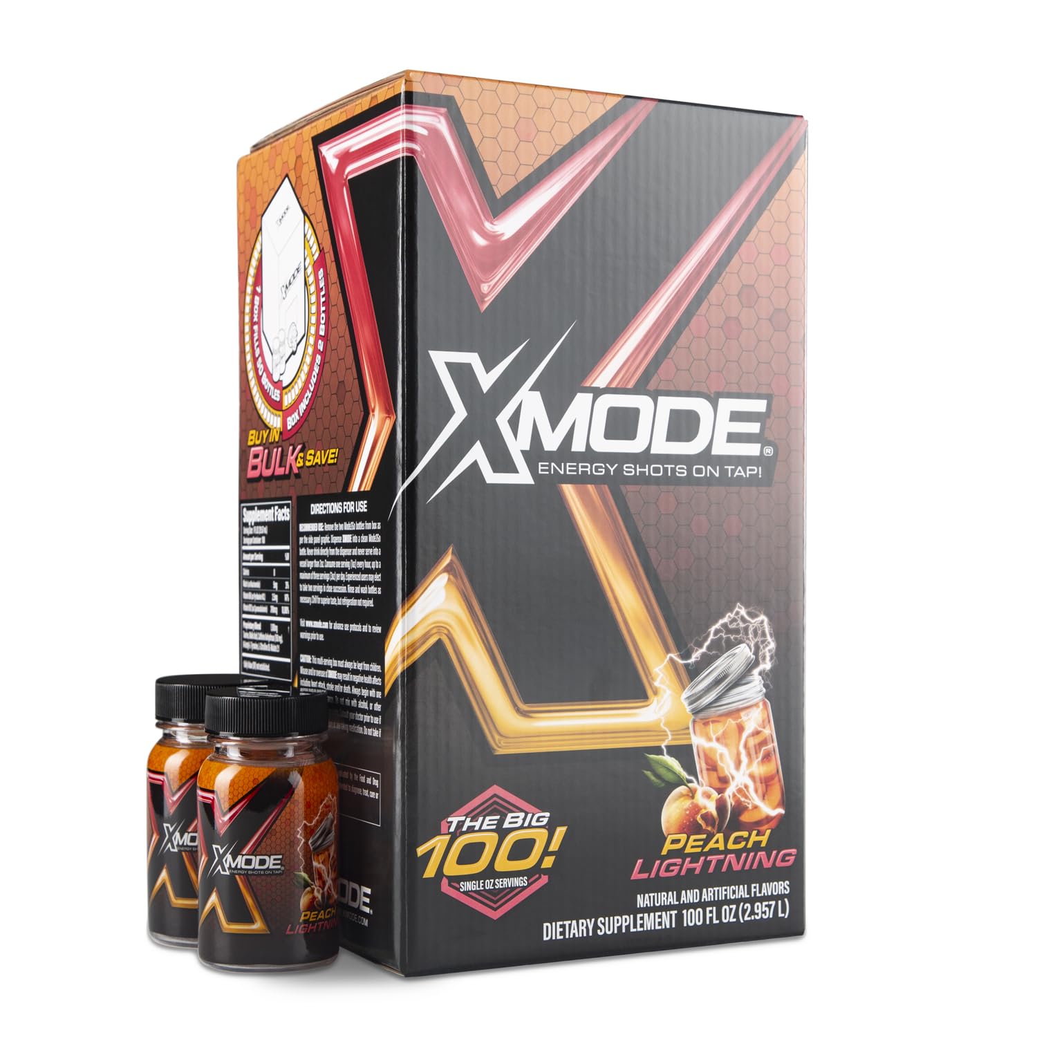 XMODE Energy Shots on Tap (Peach Lightning Flavor) – 100 Serving Dispenser with Refillable Bottles for On-Demand Energy at 150mg Caffeine Per Oz