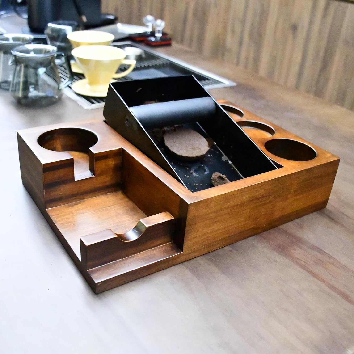 13.4'' Large Espresso Knock Box and Tamping Station, Solid Wood Espresso Accessories Organizer Box for 51MM-58MM Tamper, Distributor, Portafilter, High-Capacity Espresso Coffee Organizer