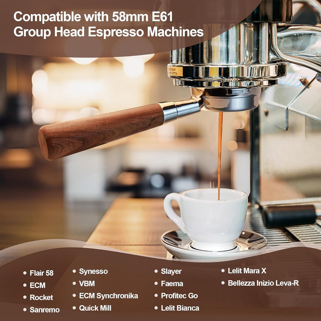 58 mm Bottomless Portafilter with Puck Screen 2 Ears Espresso Portafilter Compatible with E61 Group Head Espresso Machines,Flair 58,ECM,Rocket,Sanremo,Stainless Steel and Rosewood Handle
