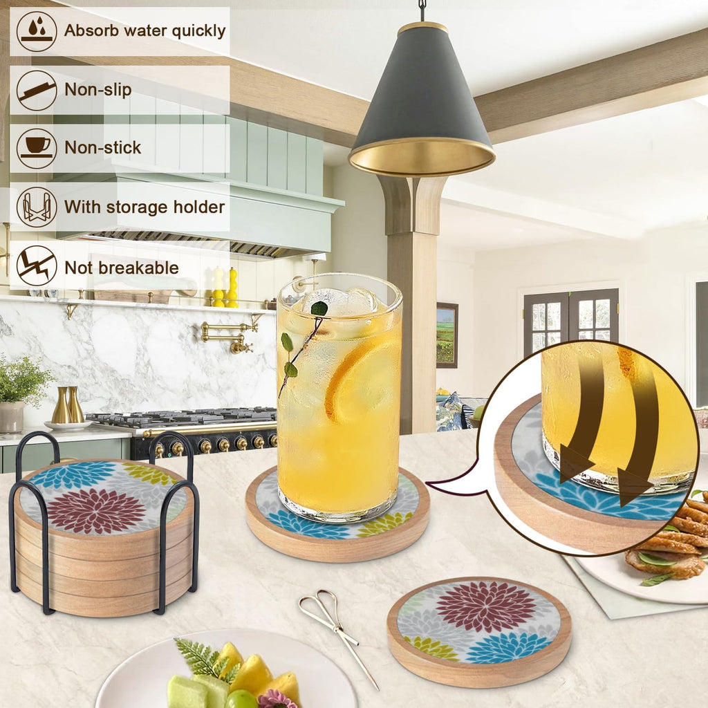 Wood Coasters Set of 6 with Holder, Cewiru Cup Mat for Drinks, Absorbent Coasters with Felt Insert for Coffee Table Protection, Modern Style Home Dining Table Decor, 4.3" Colorful