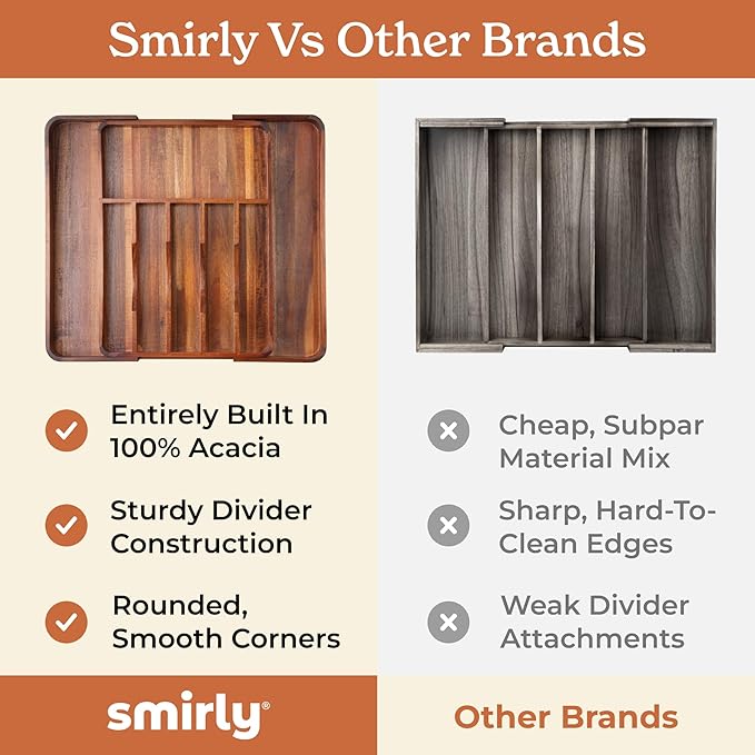 SMIRLY Silverware Drawer Organizer – Bamboo Kitchen Drawer Organizer, Adjustable Utensil Holder and Cutlery Tray, Drawer Dividers for Flatware and Kitchen Utensils