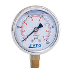 Pressure Gauge,Glycerin Liquid Filled,2-1/2" Dual Scale Dia,0-100 psi/bar/kpa,1/4" NPT Male Brass Connection,Lower Mount, Stainless Steel Case, Pneumatic,Pump,Hose,Well Tank,Gas Air Water Oil