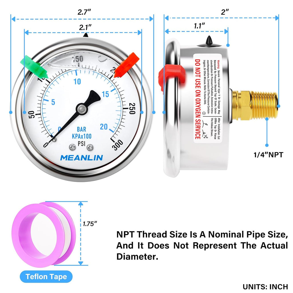 MEANLIN MEASURE 0~300Psi Liquid Filled Pressure Gauge 1/4" NPT 2.5" FACE DIAL Stainless Steel Glycerin Filled WOG Water Oil Air Back Mount (with 2PCS Snaps)