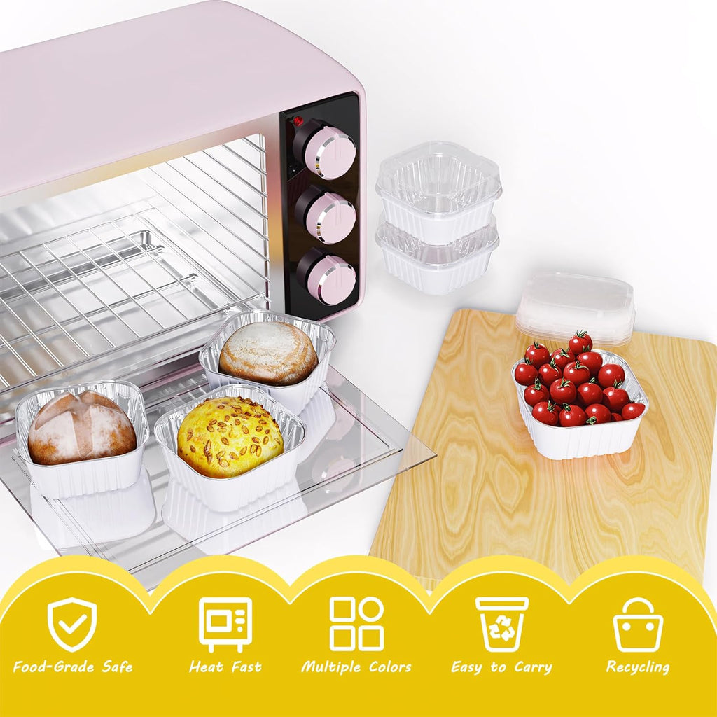 25 Pack Square Mini Cake Pans with Lids,Mini Loaf Pans with Lids,Aluminum Foil Baking Cups,Disposable Ramekins Cupcake Cups,Dessert Cups for Wedding Birthday Party Picnics,5oz (White)