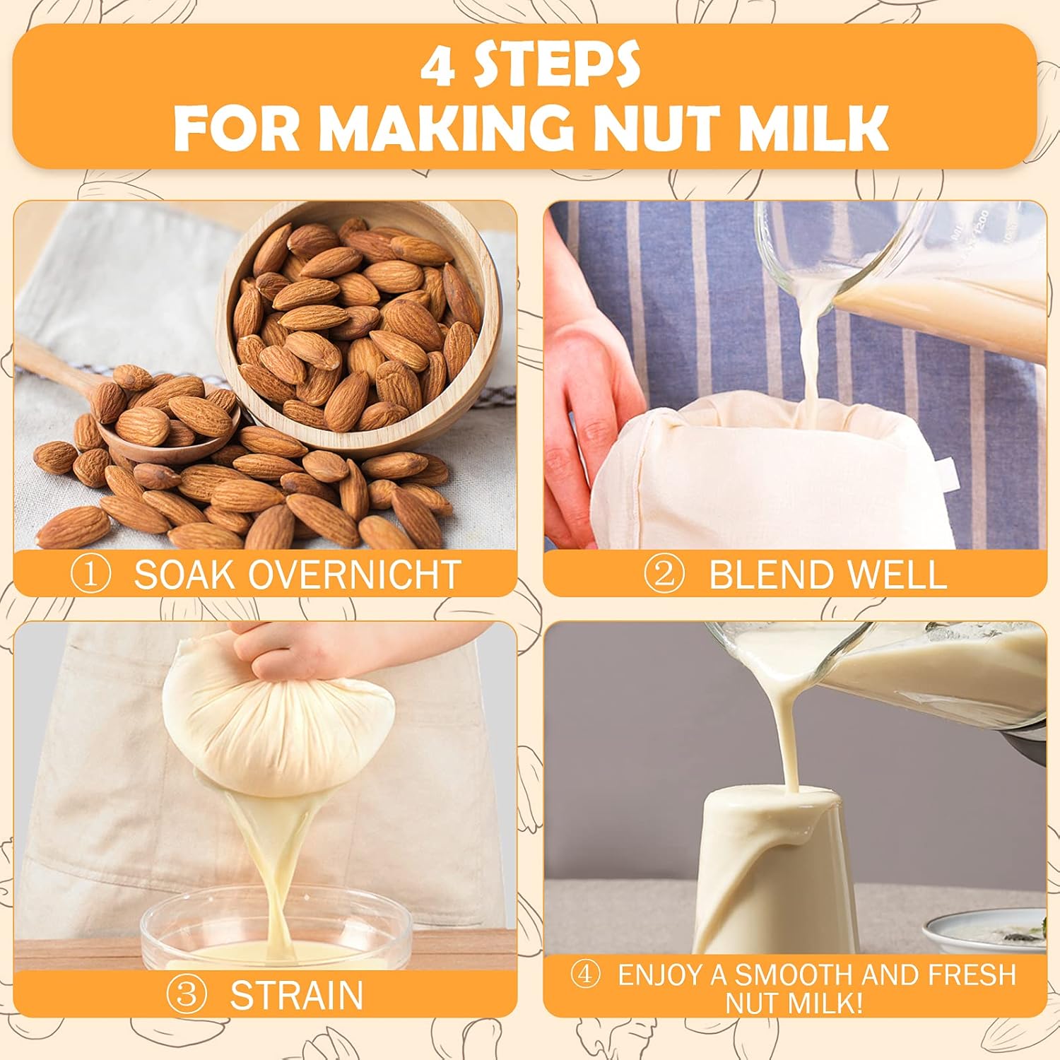 10 Pack Nut Milk Bag, 8‘’ x 12‘’ Fine Mesh Grade Reusable Cheesecloth Bags Strainers, Unbleached Organic Cotton Filter Bags for Almond Milk, Juices, ColdBrew, Cheese, Tea, Yogurt, Coffee