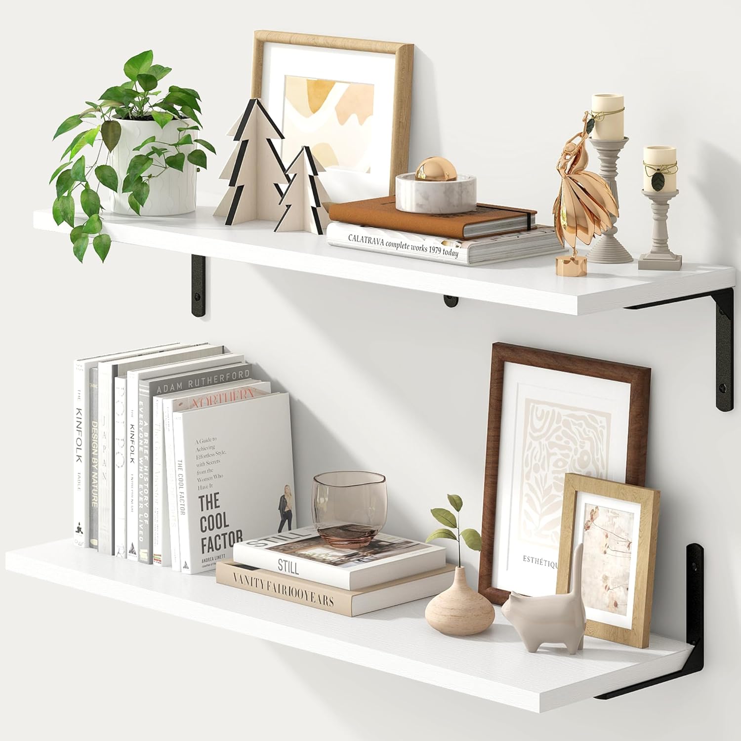 Fun Memories Deep Floating Shelves, 32W x 8D Floating Shelves Set of 2, Wall Mounted Shelf with Metal Brackets, Rustic Wood Wall Shelf for Bathroom, Kitchen and Living Room, White