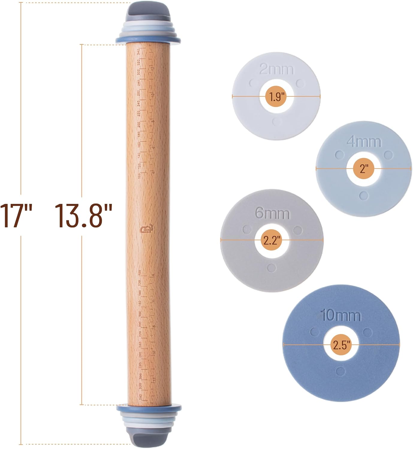 Bamboo Land- Adjustable Rolling Pin with Thickness Rings for Baking, 13.8", 4 Pastel Colored Thickness Rings (2-10 mm or 1/16"-3/8"), Wood Rolling Pins for Baking, Bread, Pizza & Cookie Doughs