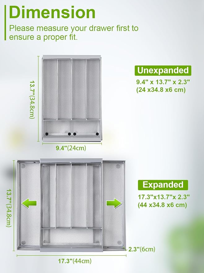 Silverware Organizer Metal Mesh, Drawer Organizer, Utensil Cutlery Tray Expandable Flatware Organizer with 7 Compartment Silver 9.4"~17.3" x 13.7"