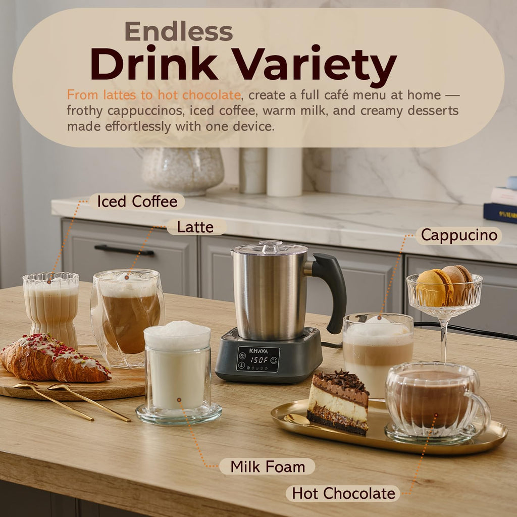 KHAVA 5-in-1 Electric Milk Frother and Steamer, Hot Cold Foam Maker & Milk Heater, Automatic Milk Warmer for Coffee, Latte, Hot Chocolate, 17oz Stainless Steel Pitcher Detachable for Dishwasher Safe