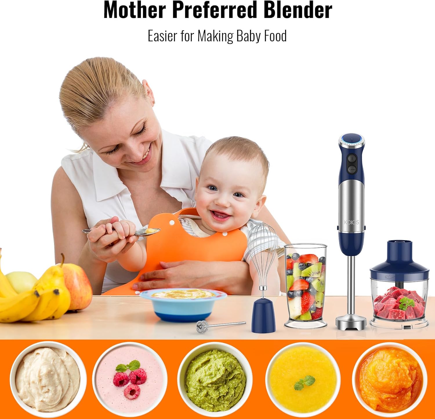 KOIOS 5-in-1 Hand Immersion Blender, 12 Speed Adjustable Emulsifier Handheld Blender, 1000W Copper Motor Stainless Steel Blade Hand Mixer with attachments, Blue