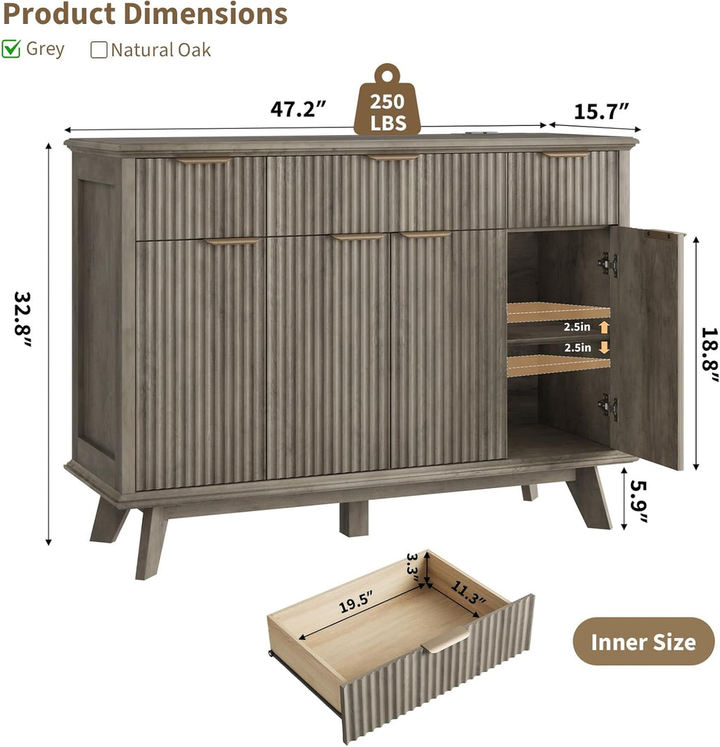QUW Fluted Sideboard Buffet Cabinet with Charging Station, 47.2" Kitchen Storage Cabinet with Drawers and Adjustable Shelves, Modern Coffee Bar Kitchen Table for Dining Room, Living Room, Grey