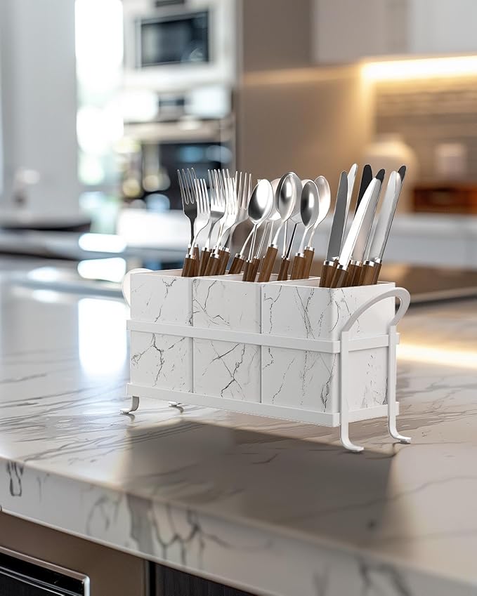 Marble Utensil Holder for Countertop - Stylish Marble Kitchen Accessories for Effortless Organization, Ideal Silverware Caddy for Party, Farmhouse Decor Friendly