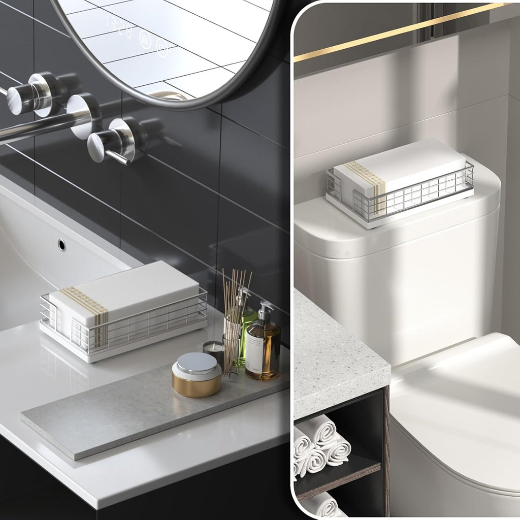 Wican Guest Towel Holder Tray for Bathroom, Oak and Iron Napkins Holder for Powder Room Dinning Table Wooden Basket for Disposable Paper Hand Towels Silvery and White