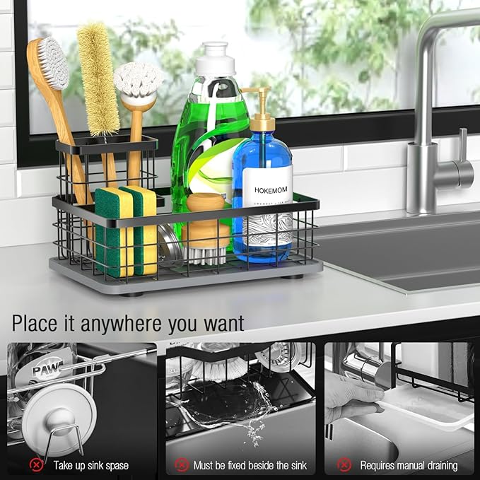 Large Family-Sized Sponge Holder for Kitchen Sink with Brush Holder - Drain-Free Non-Slip Base, 2.6mm Stainless Steel with Black Rust-Resistant Coating-10.24"L x 6.5"W x 5.83"H Sink Organizer