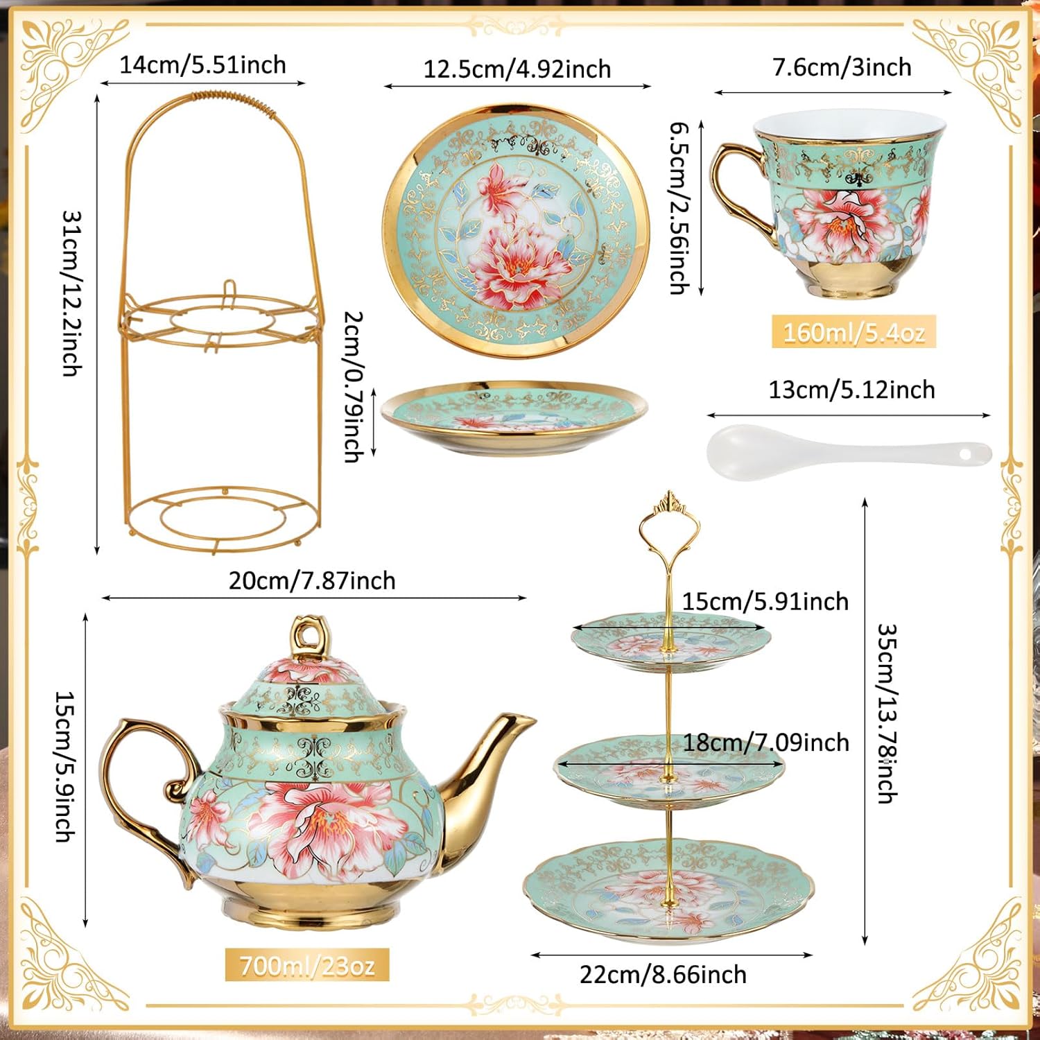 Maxcheck 21 Pcs Tea Party Set for Adults European Floral Tea Set with Metal Holder and 3 Tier Ceramic Cake Stand Porcelain Flower Cup Teapot for Dessert Cupcake(Fresh Style)