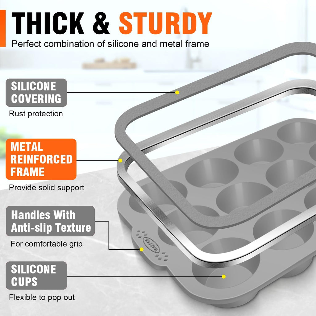 Walfos Silicone Muffin Pan with Metal Frame, 2.8 Inch Regular Size Silicone Cupcake Pan Muffin Tin, Non-Stick 12 Cups Egg Bites Molds for Baking 2 Pack, BPA Free, Dishwasher Safe